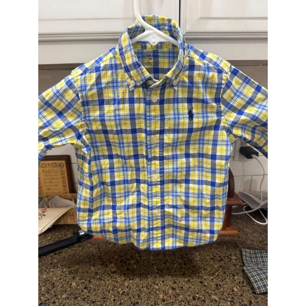 Ralph Lauren Boys 18M Yellow Blue‎ Plaid Button Down Shirt Long Sleeve Pony Logo